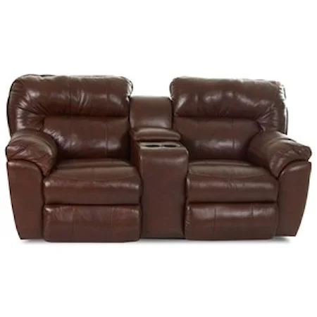 Casual Power Reclining Love Seat with Pillow Top Arms and Storage Console